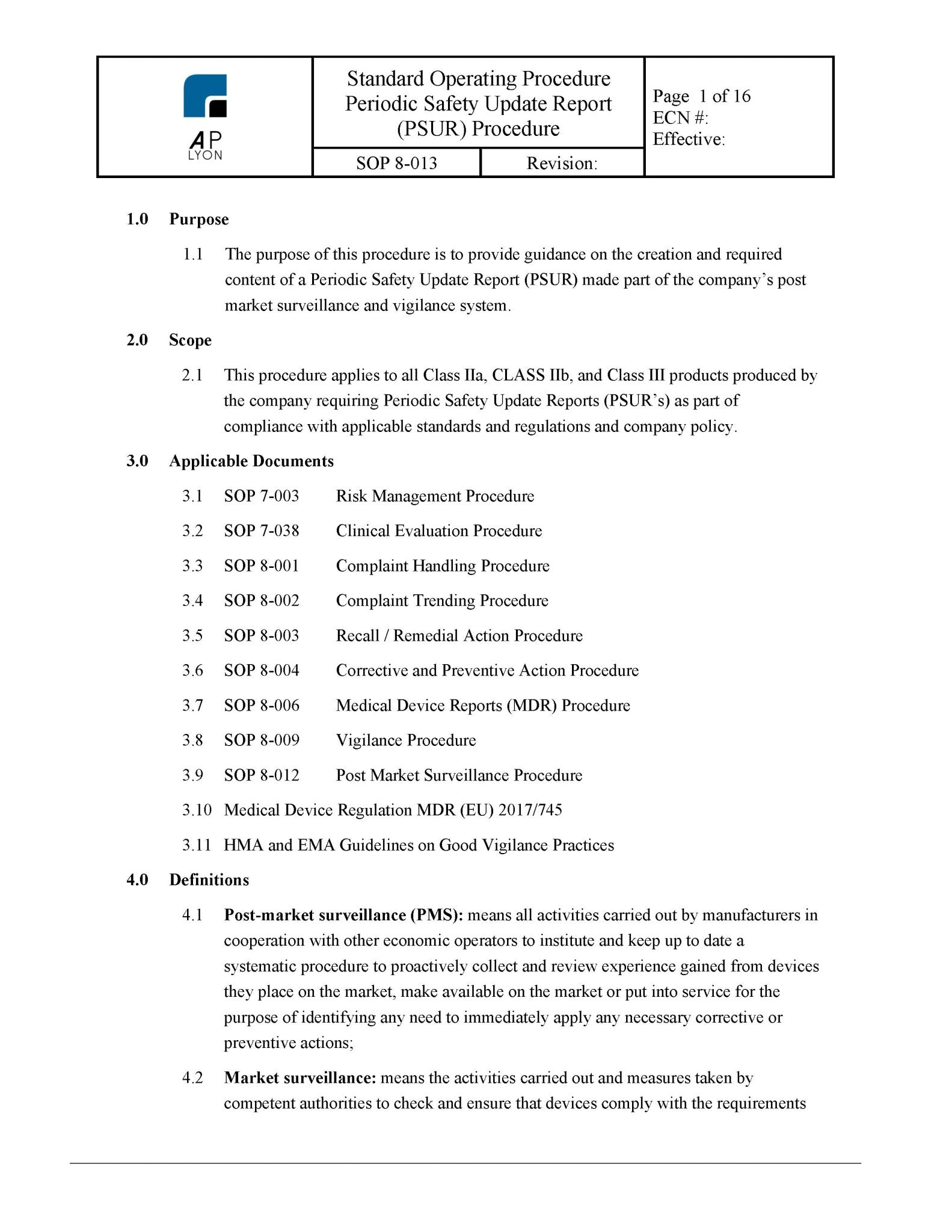 Medical Device Periodic Safety Update Report Procedure – A. P. LYON