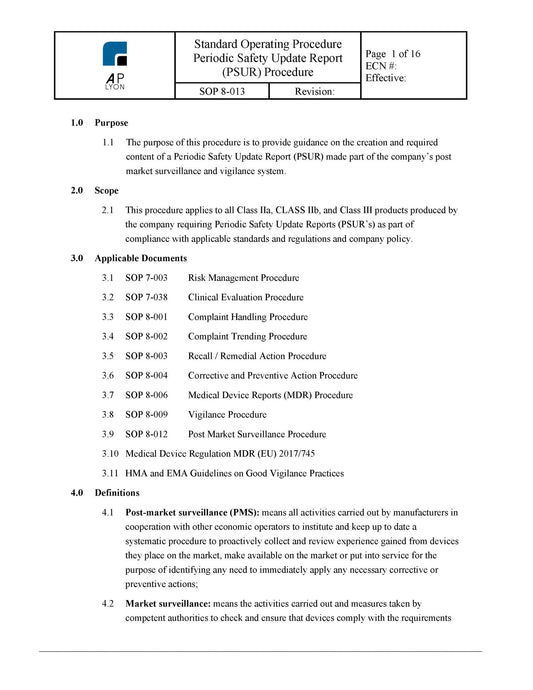 Medical Device Periodic Safety Update Report Procedure - A. P. LYON