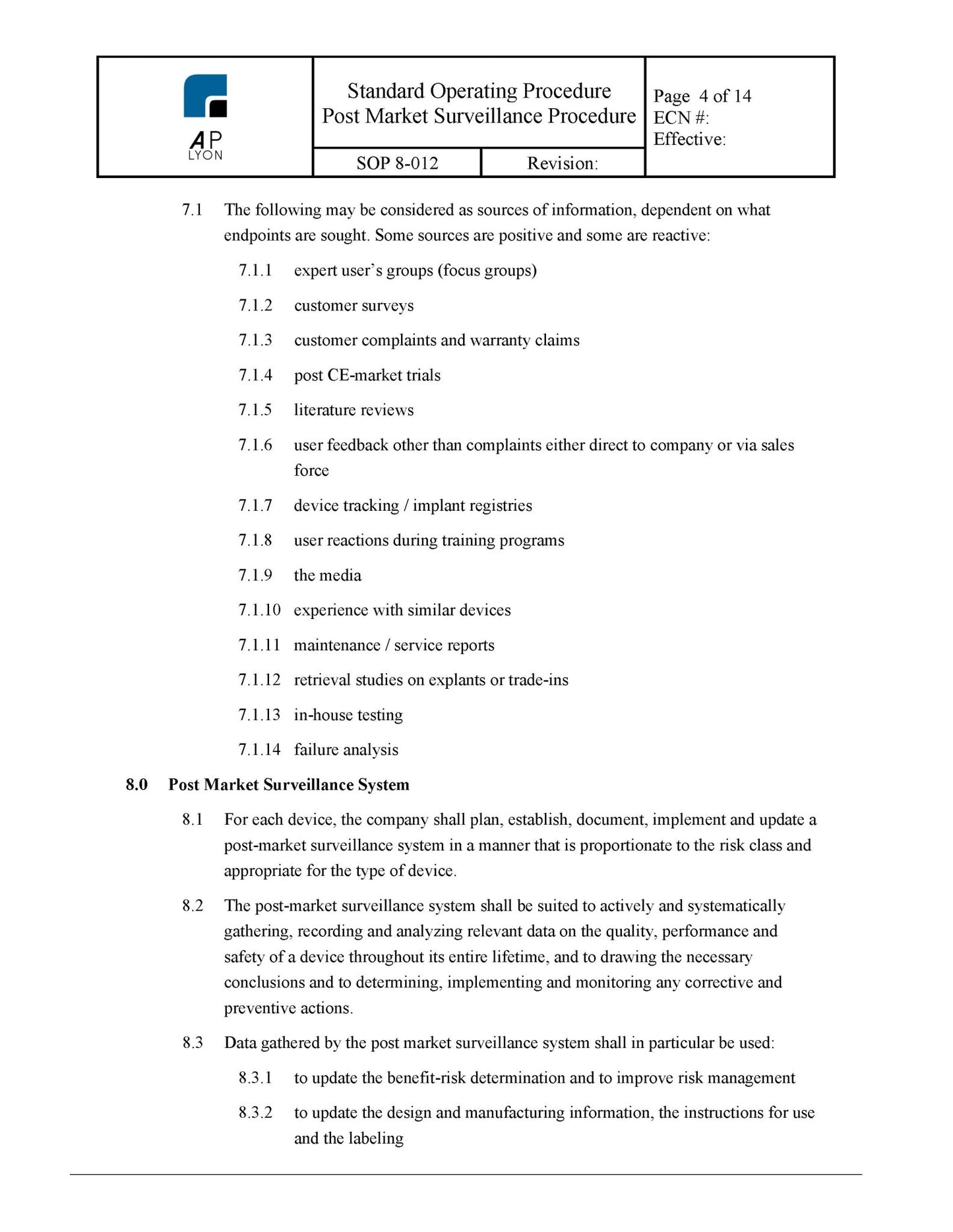 Medical Device Post Market Surveillance Procedure - A. P. LYON