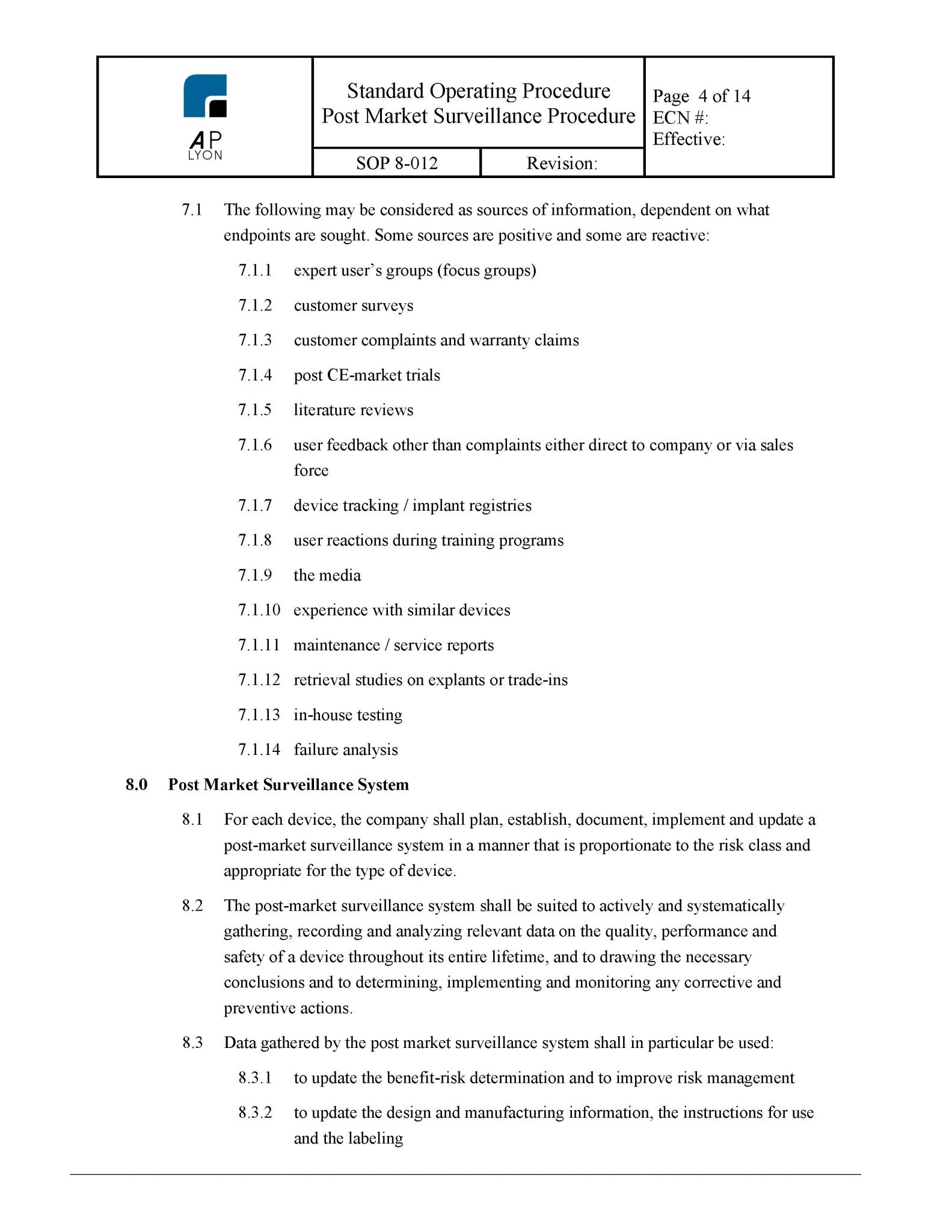 Medical Device Post Market Surveillance Procedure - A. P. LYON