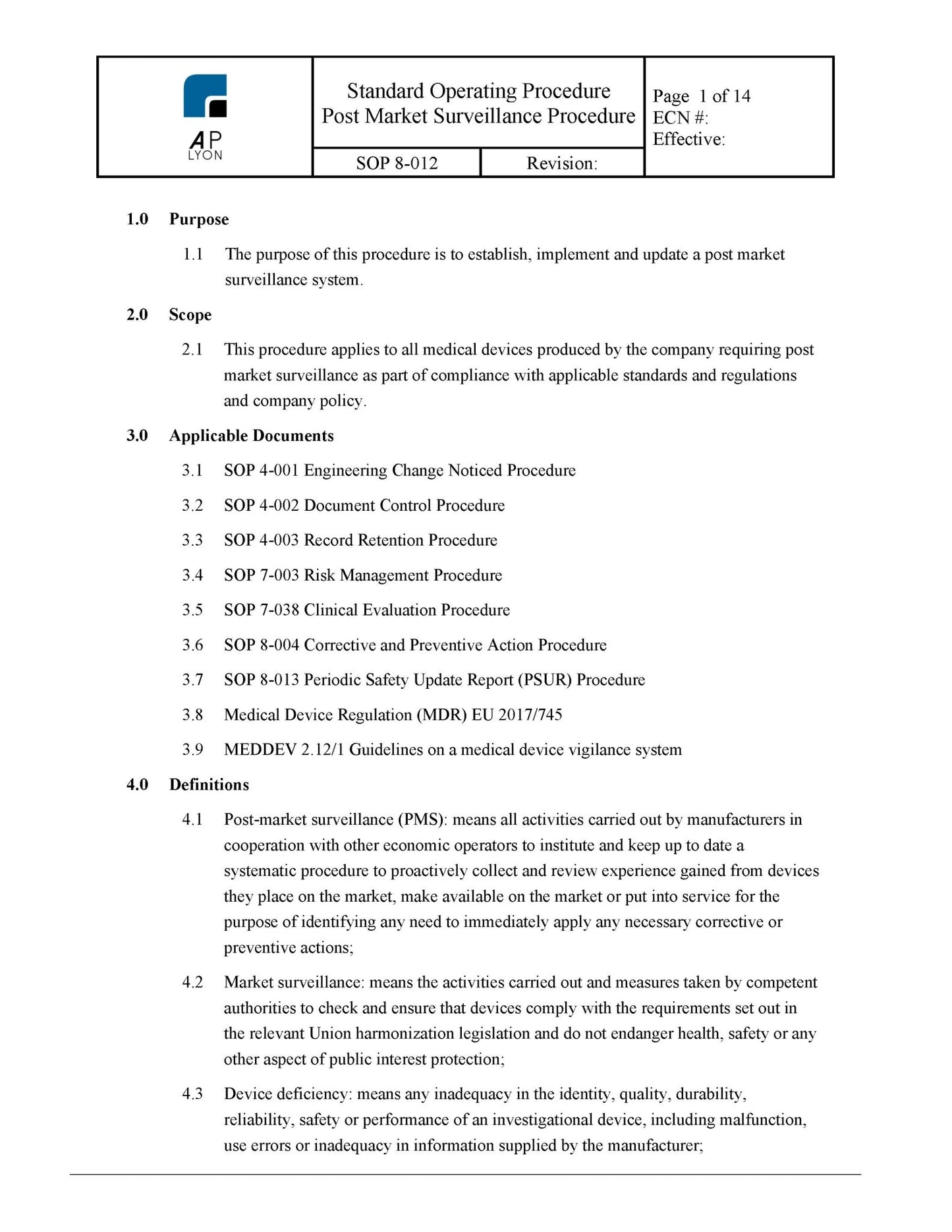 Medical Device Post Market Surveillance Procedure - A. P. LYON