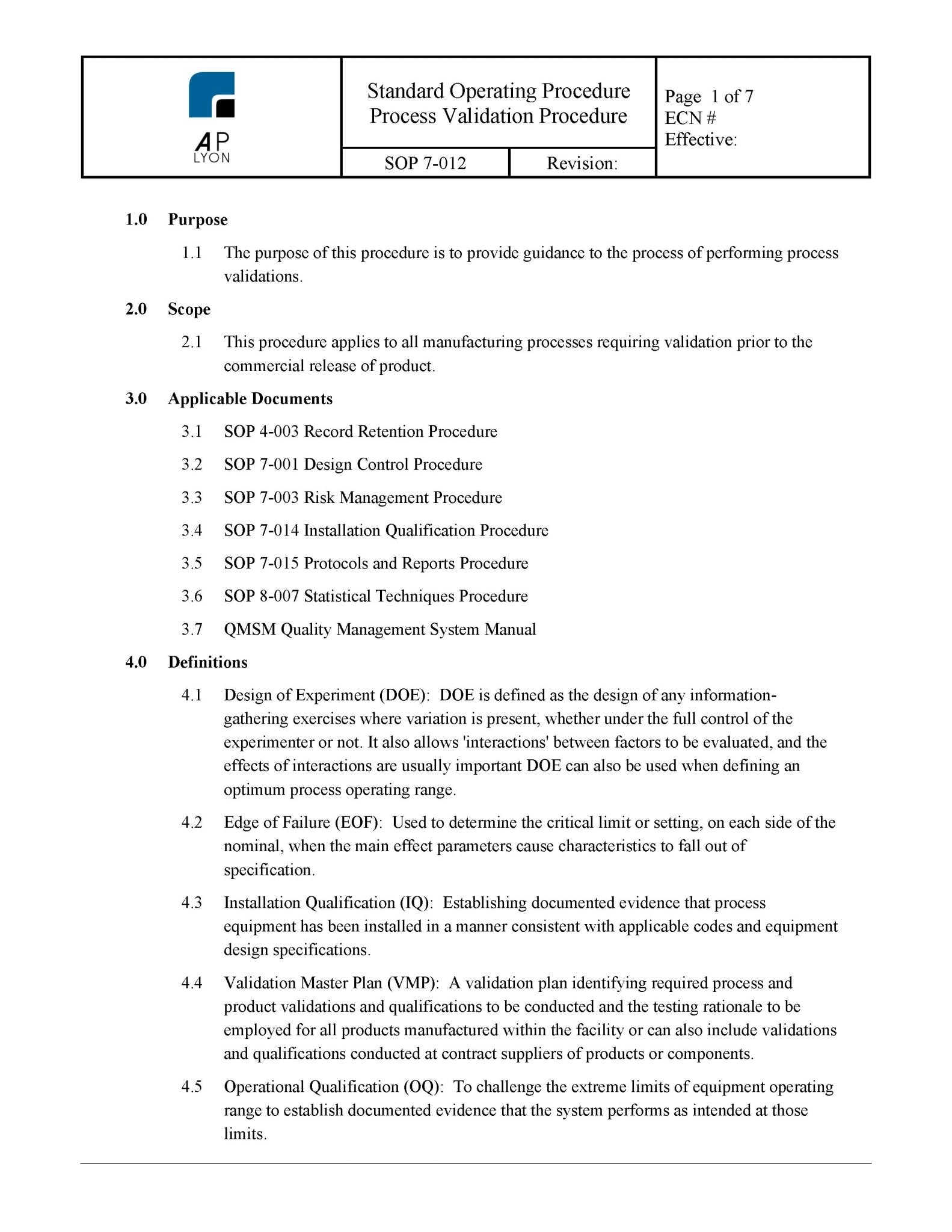 Medical Device Process Validation Procedure - A. P. LYON