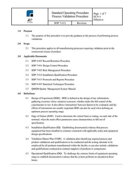 Medical Device Process Validation Procedure - A. P. LYON