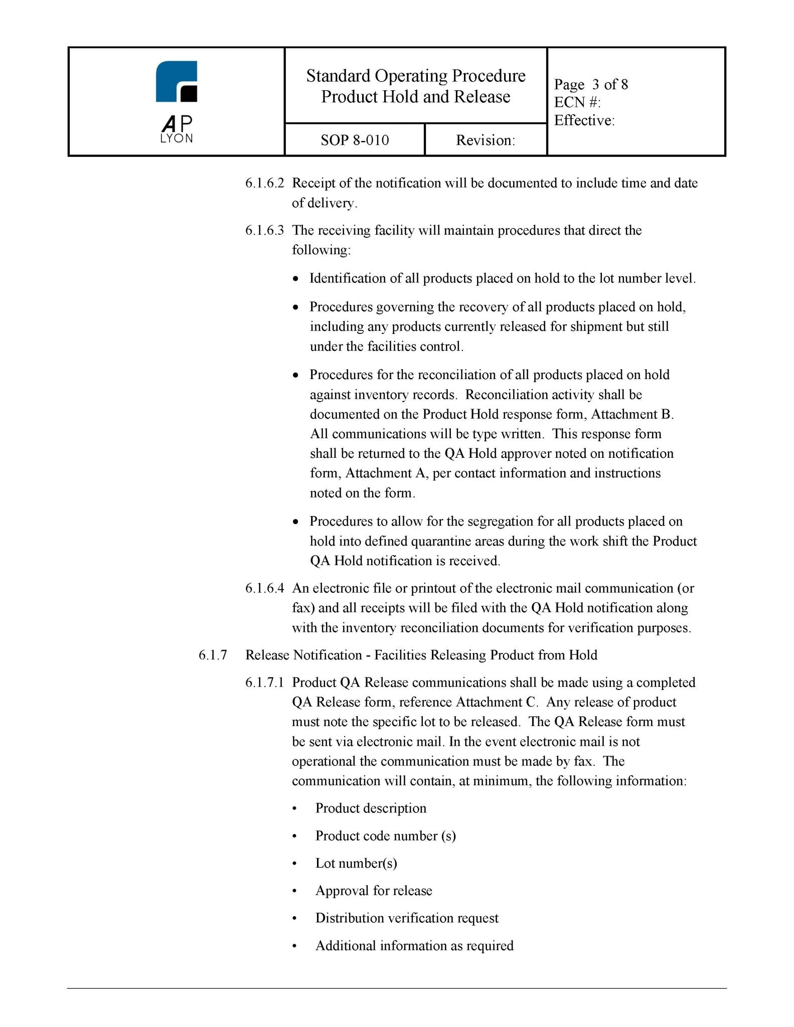 Medical Device Product Hold Procedure - A. P. LYON