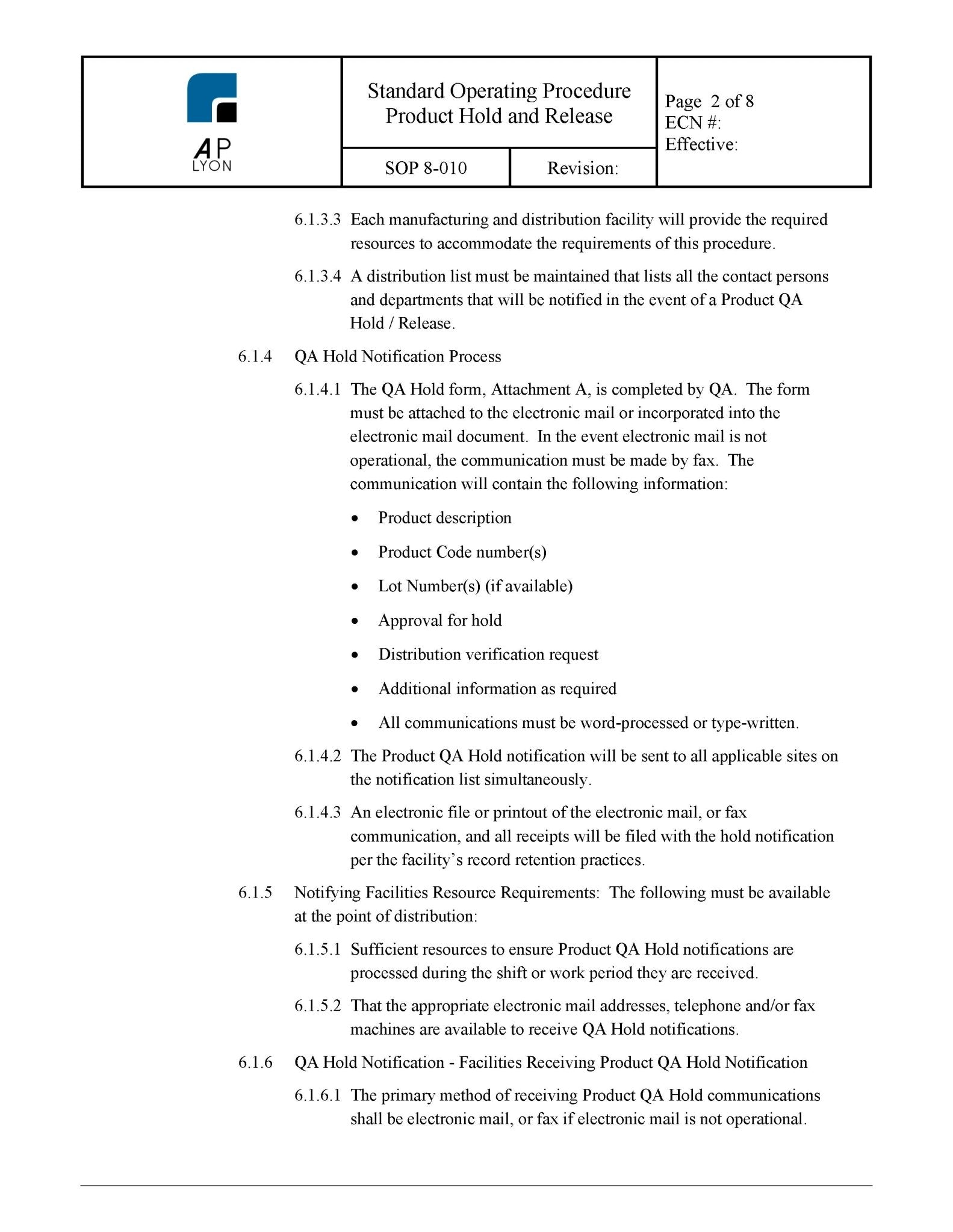 Medical Device Product Hold Procedure - A. P. LYON