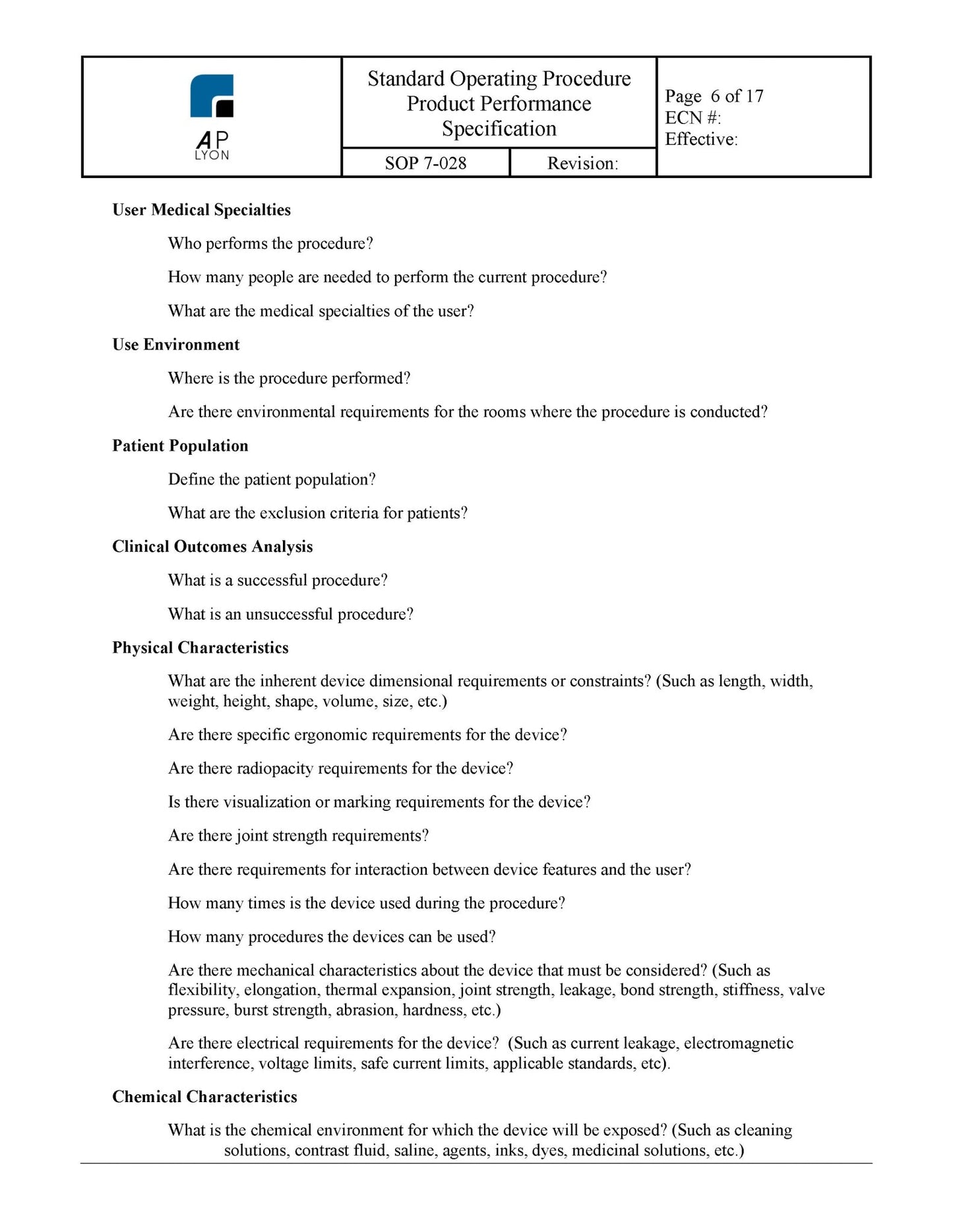 Medical Device Product Performance Specification - A. P. LYON