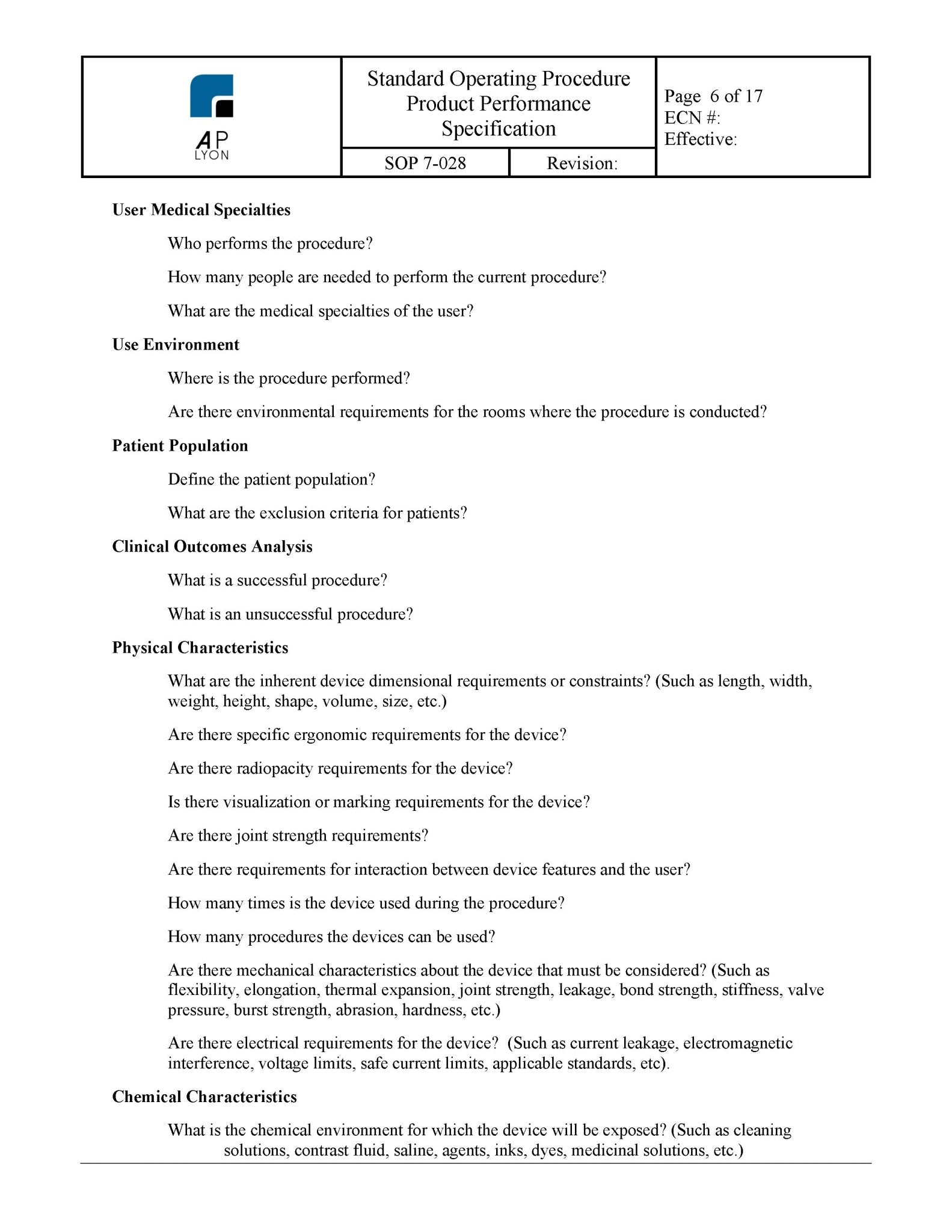 Medical Device Product Performance Specification - A. P. LYON