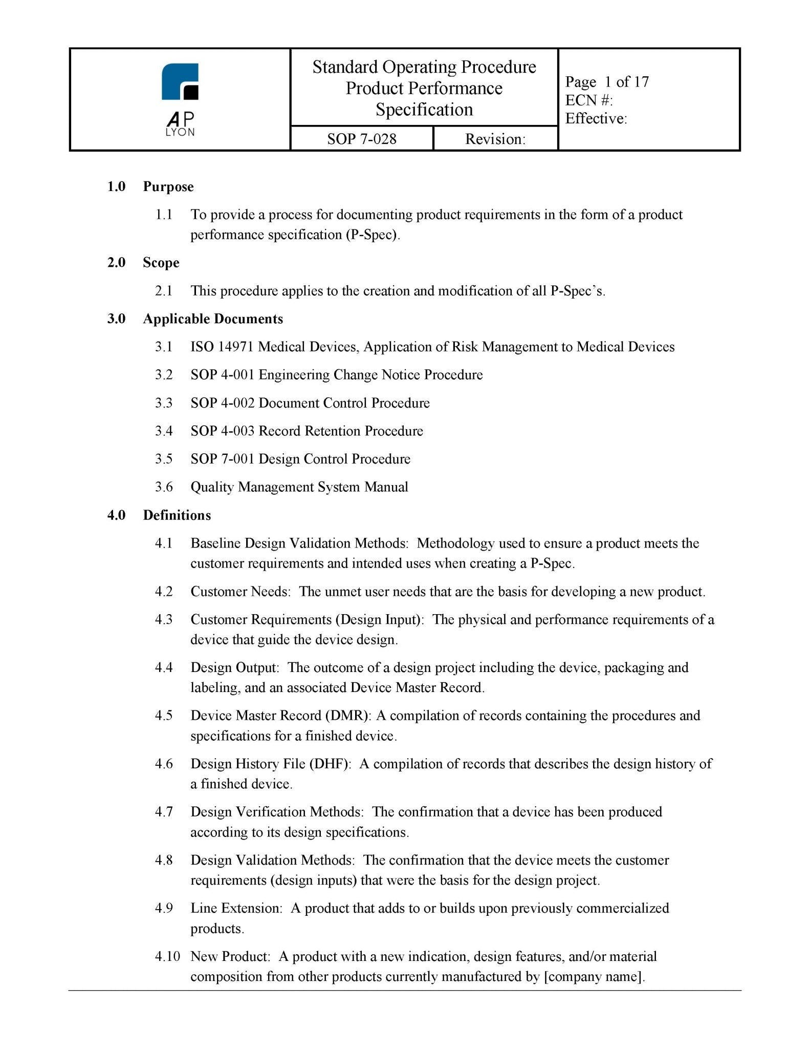 Medical Device Product Performance Specification - A. P. LYON