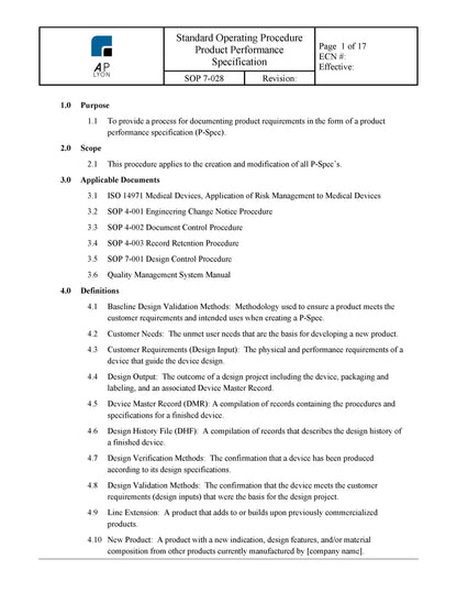 Medical Device Product Performance Specification - A. P. LYON