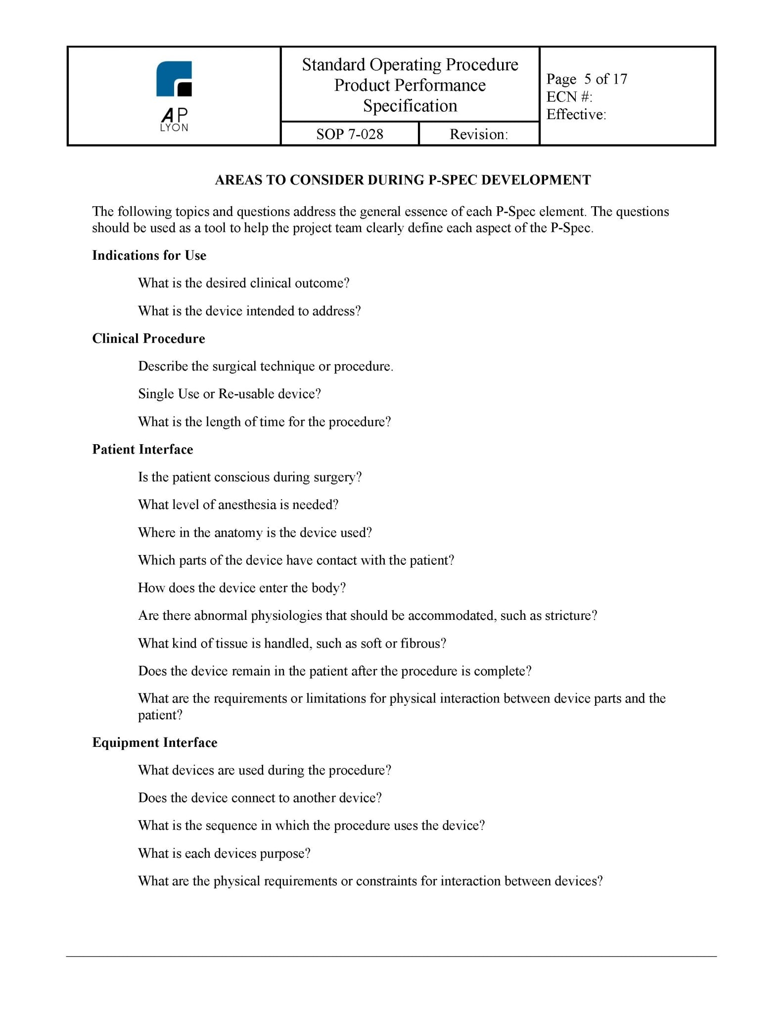 Medical Device Product Performance Specification - A. P. LYON