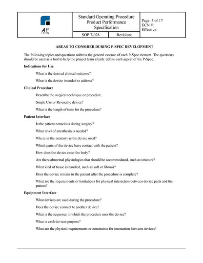 Medical Device Product Performance Specification - A. P. LYON