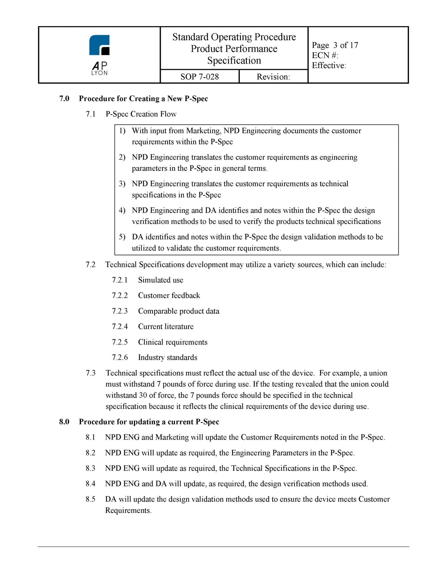 Medical Device Product Performance Specification - A. P. LYON