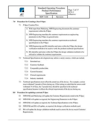 Medical Device Product Performance Specification - A. P. LYON