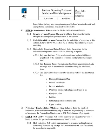 Medical Device Production Risk Management Procedure - A. P. LYON