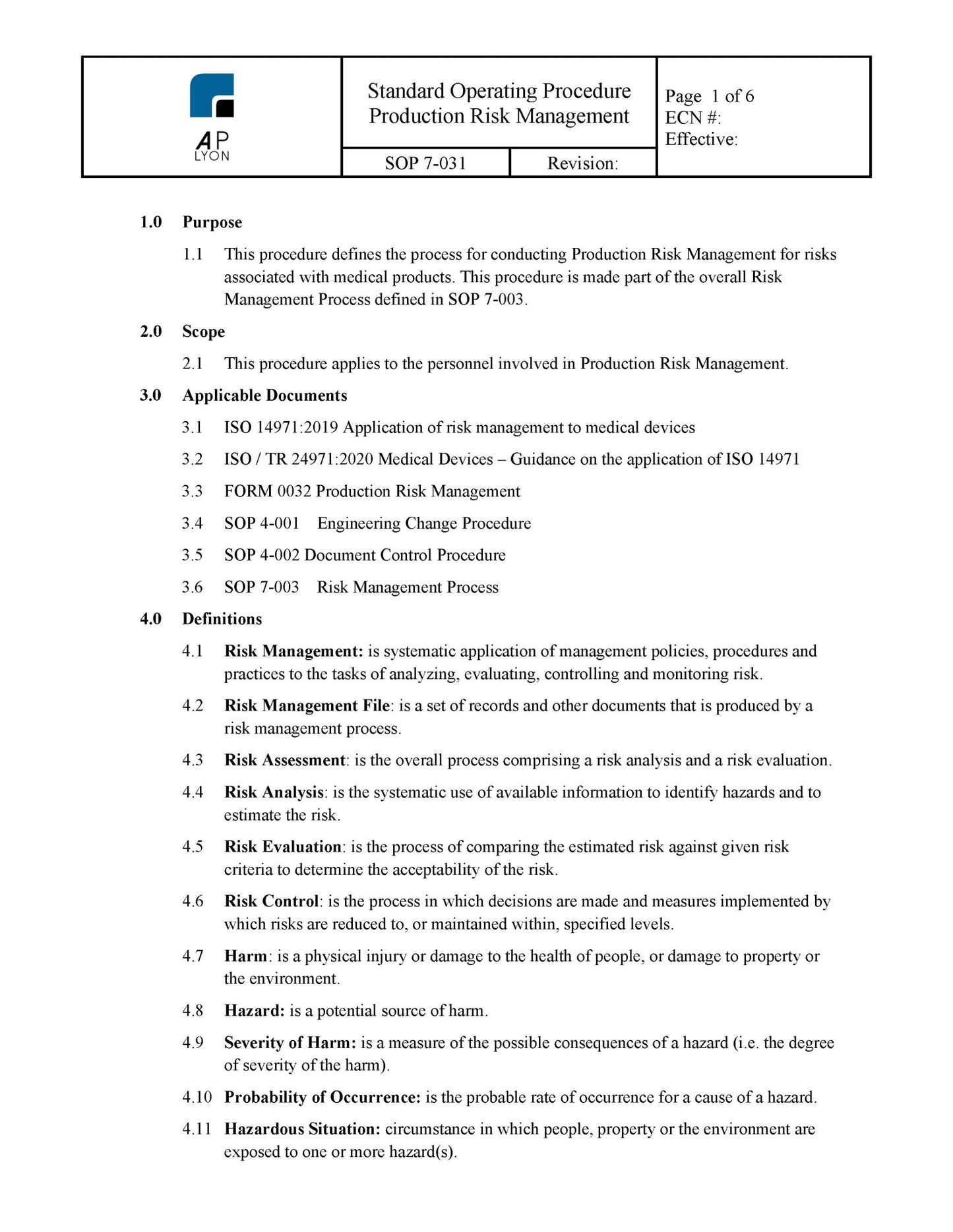 Medical Device Production Risk Management Procedure - A. P. LYON