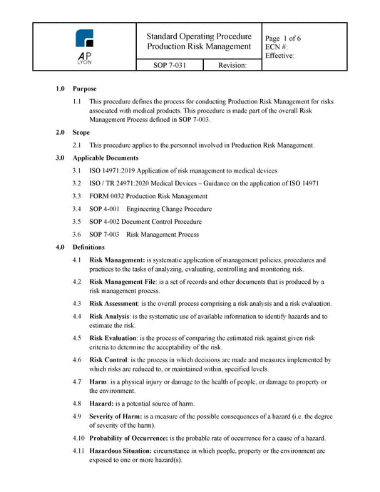 Medical Device Production Risk Management Procedure - A. P. LYON