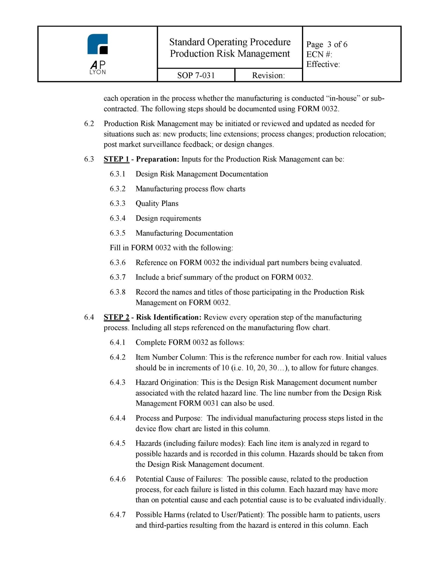 Medical Device Production Risk Management Procedure - A. P. LYON