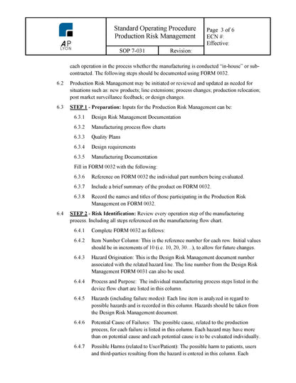 Medical Device Production Risk Management Procedure - A. P. LYON