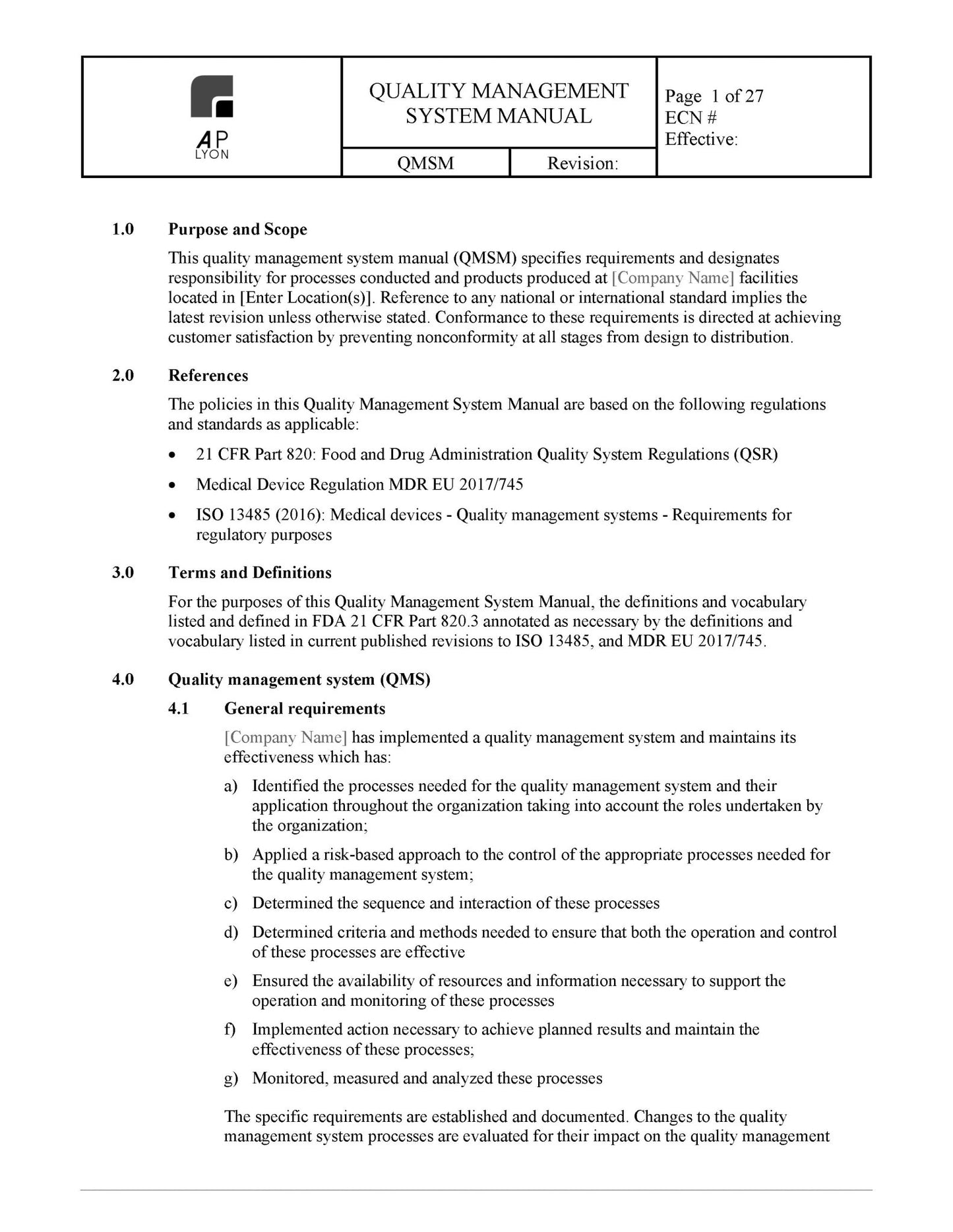 Medical Device Quality Management System Manual - A. P. LYON