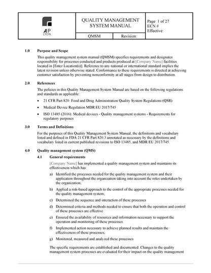 Medical Device Quality Management System Manual - A. P. LYON