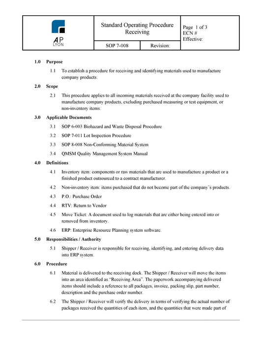 Medical Device Receiving Procedure - A. P. LYON
