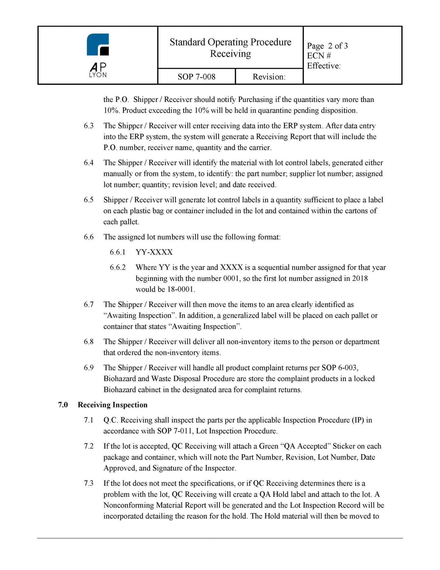 Medical Device Receiving Procedure - A. P. LYON