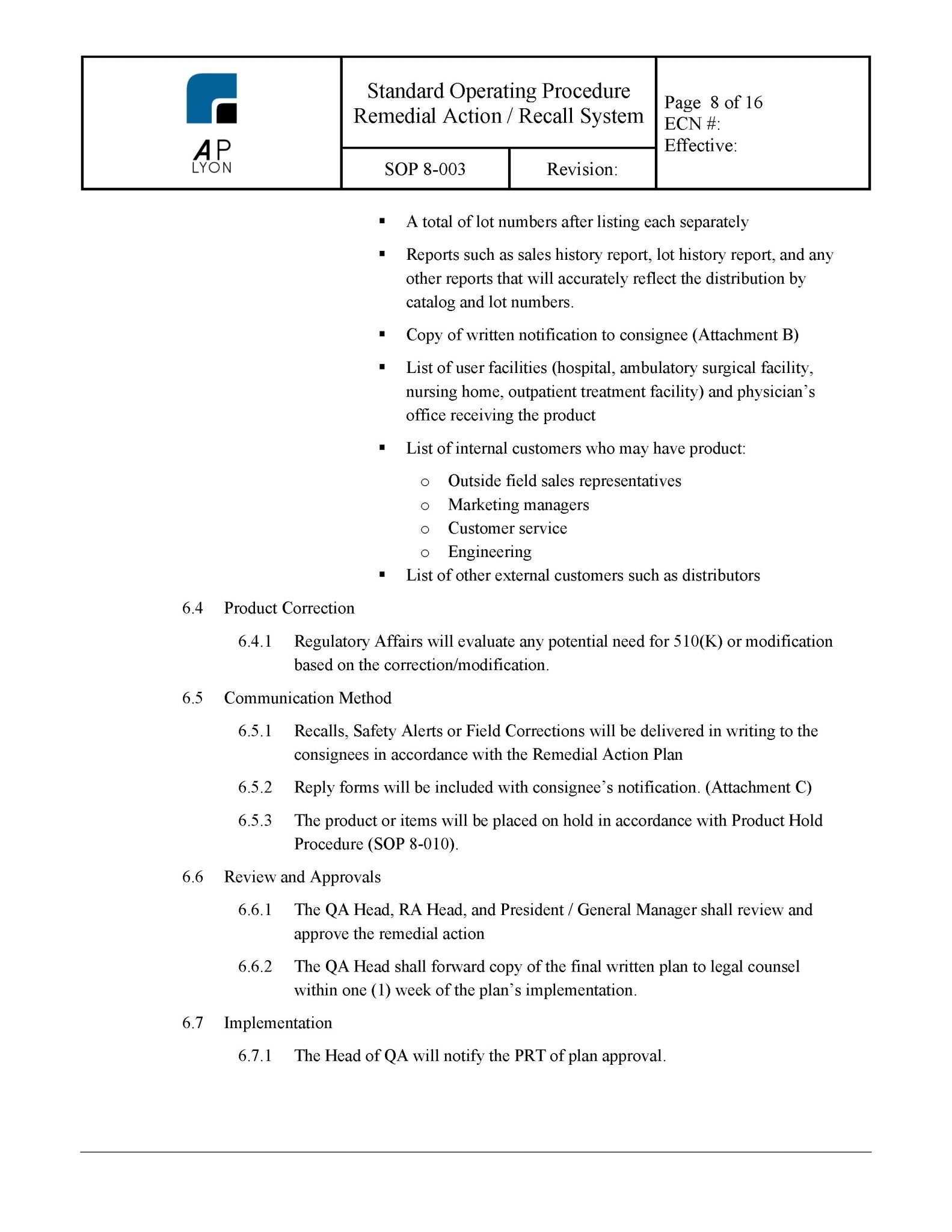 Medical Device Remedial Action Recall Procedure - A. P. LYON