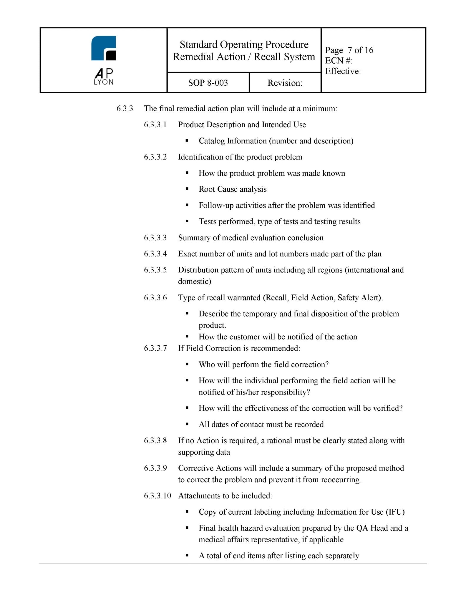 Medical Device Remedial Action Recall Procedure - A. P. LYON