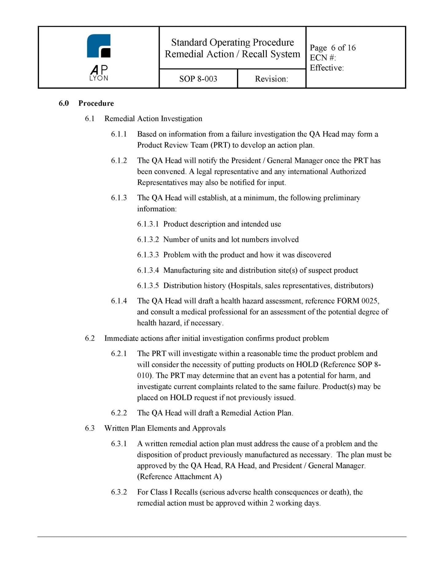 Medical Device Remedial Action Recall Procedure - A. P. LYON