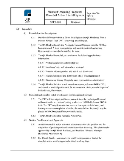 Medical Device Remedial Action Recall Procedure - A. P. LYON