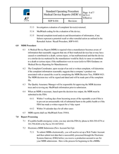 Medical Device Reports Procedure - A. P. LYON