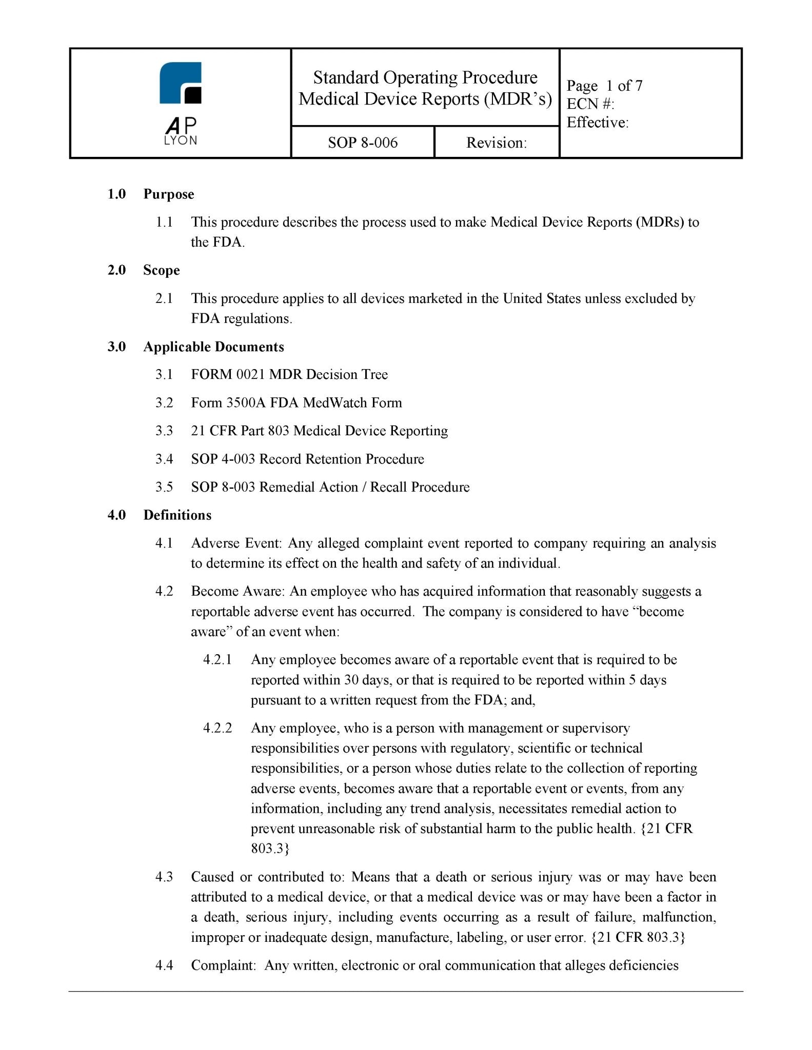 Medical Device Reports Procedure – A. P. LYON