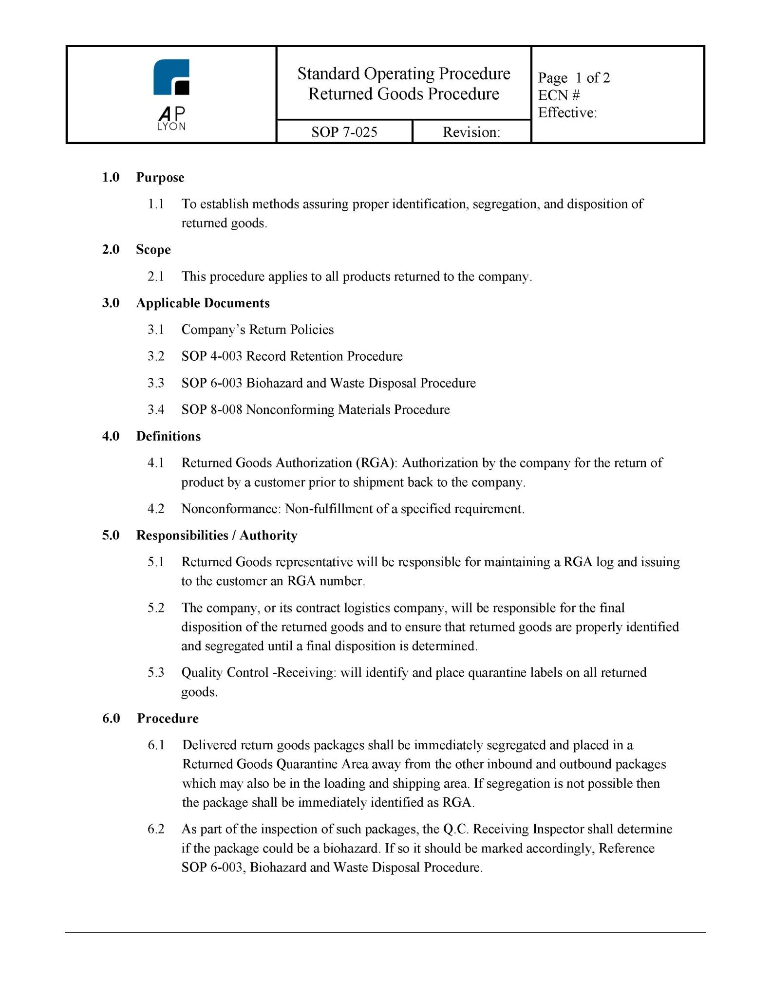 Medical Device Returned Goods Procedure - A. P. LYON