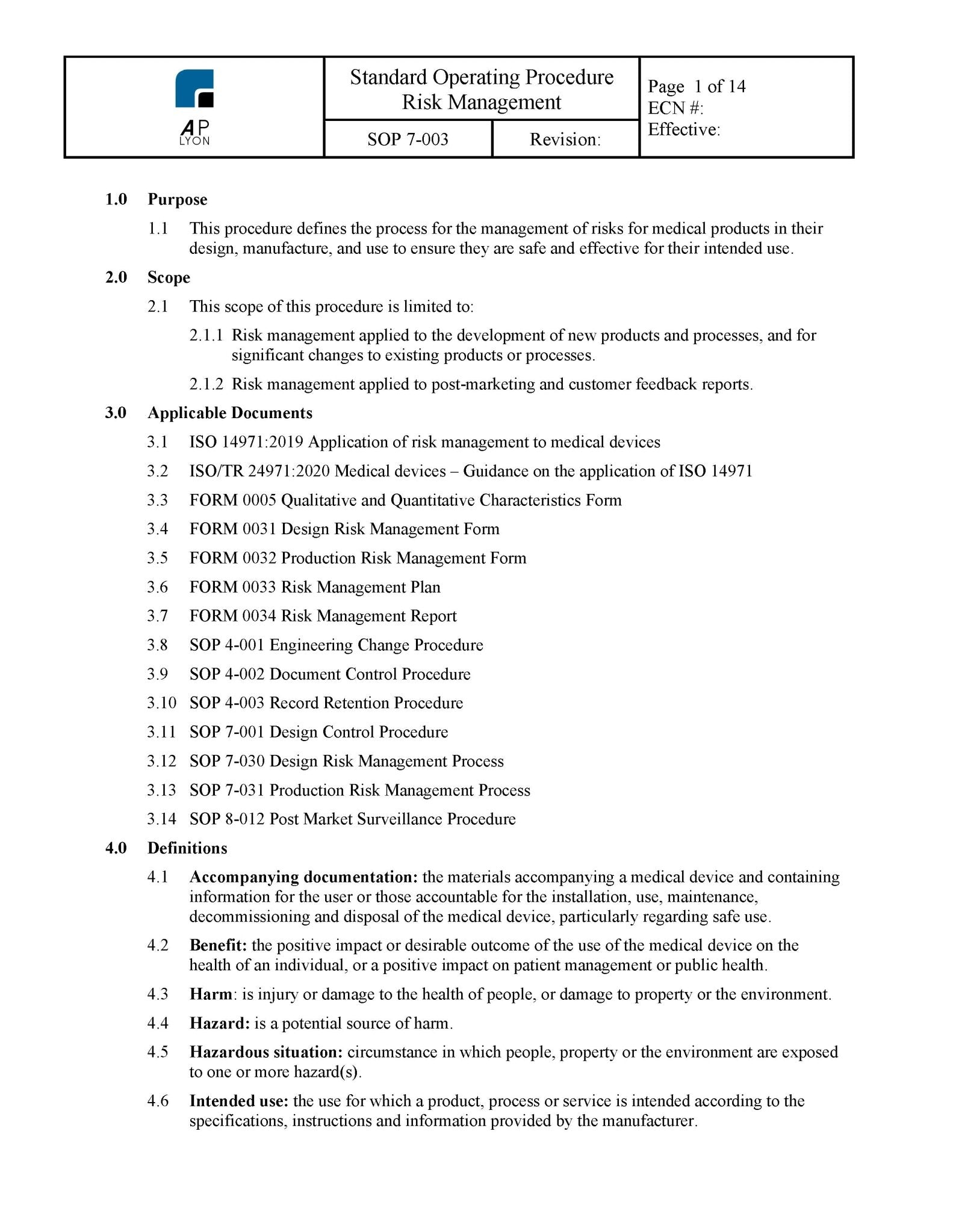 Medical Device Risk Management Procedure – A. P. LYON