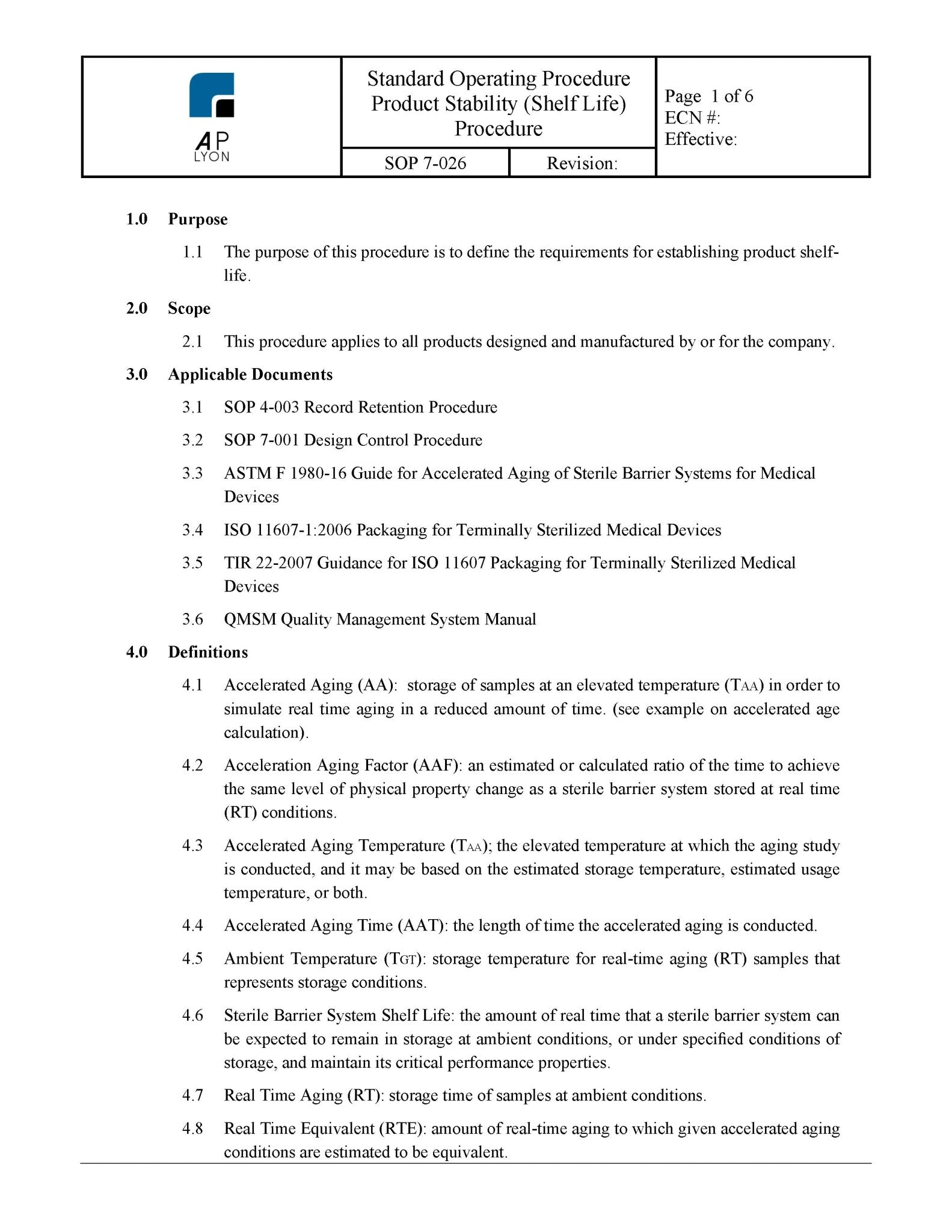 Medical Device Shelf Life Procedure - A. P. LYON