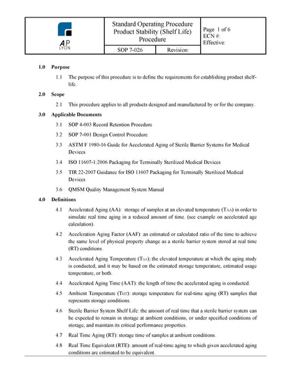 Medical Device Shelf Life Procedure - A. P. LYON