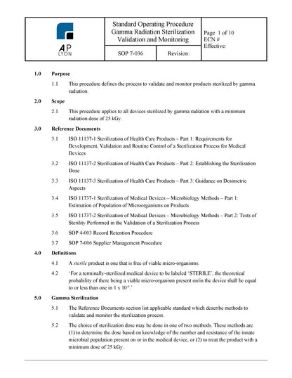 Medical Device Sterilization Procedure Bundle - A. P. LYON