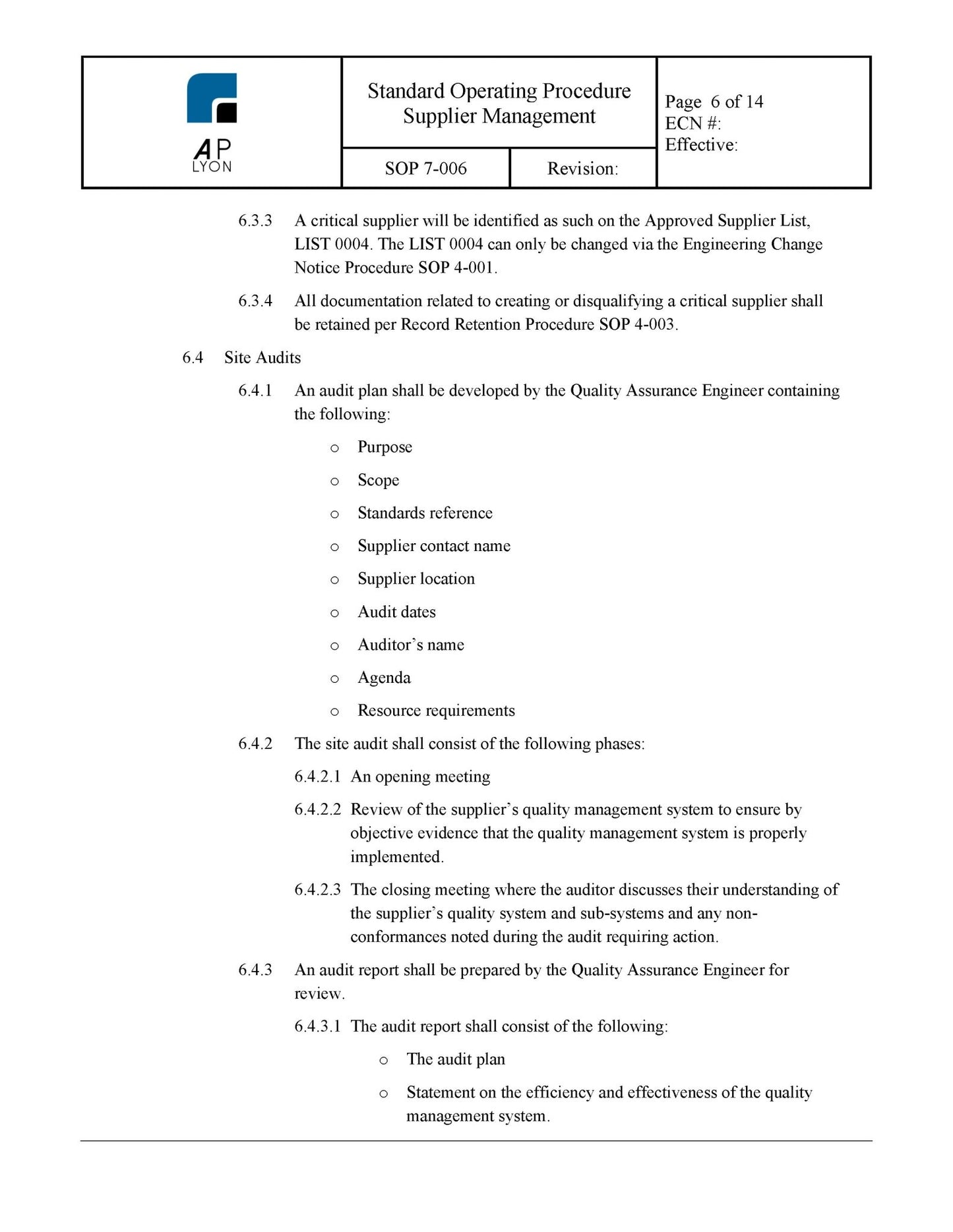 Medical Device Supplier Management Procedure - A. P. LYON