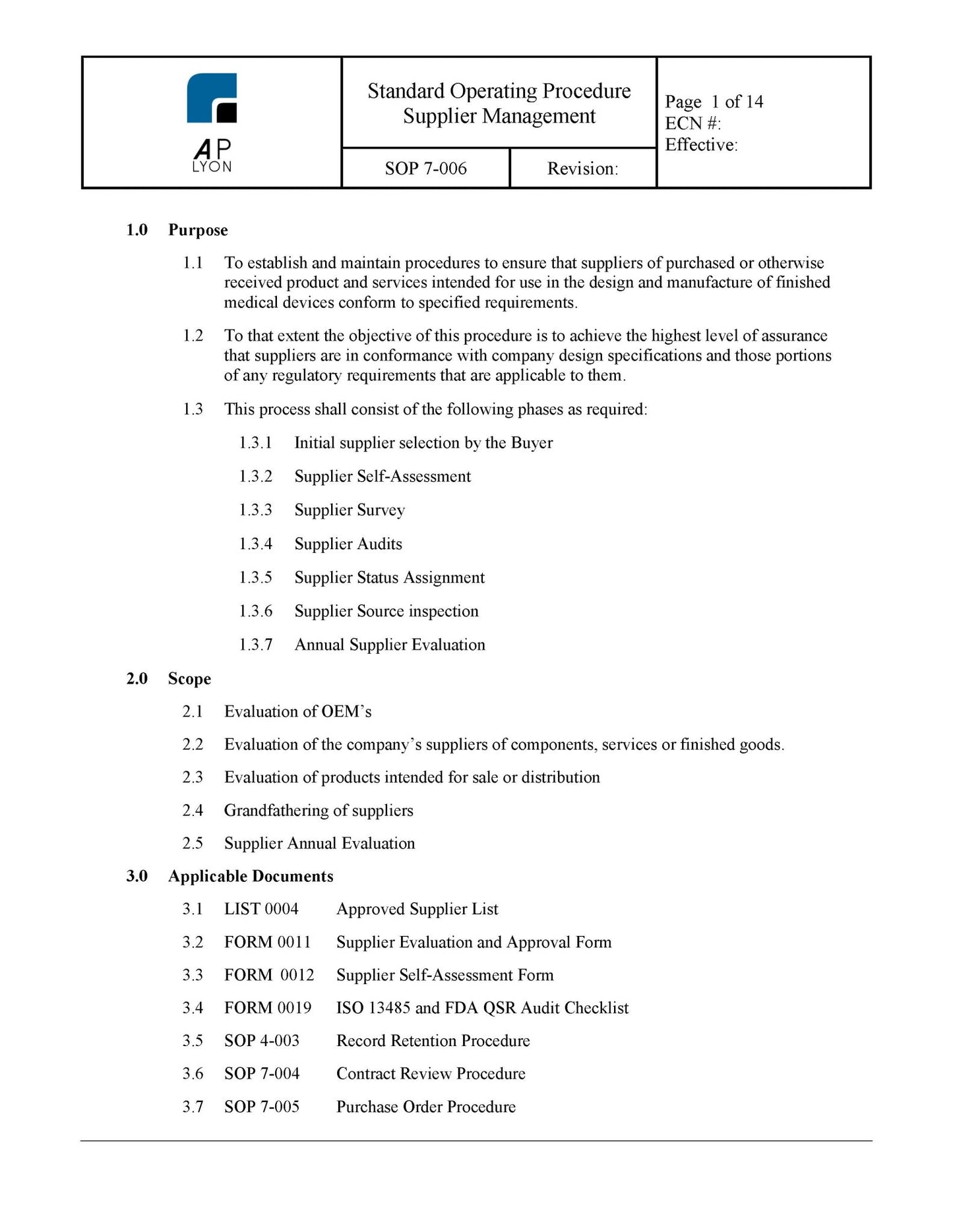 Medical Device Supplier Management Procedure - A. P. LYON