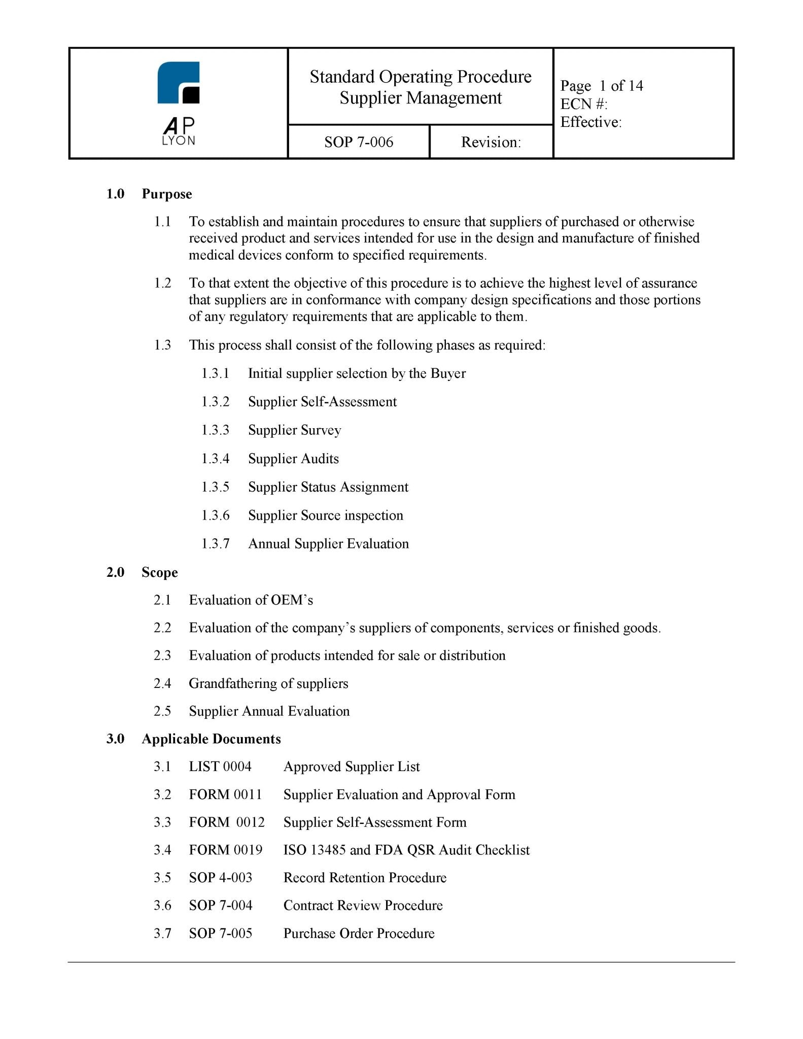 Medical Device Supplier Management Procedure - A. P. LYON