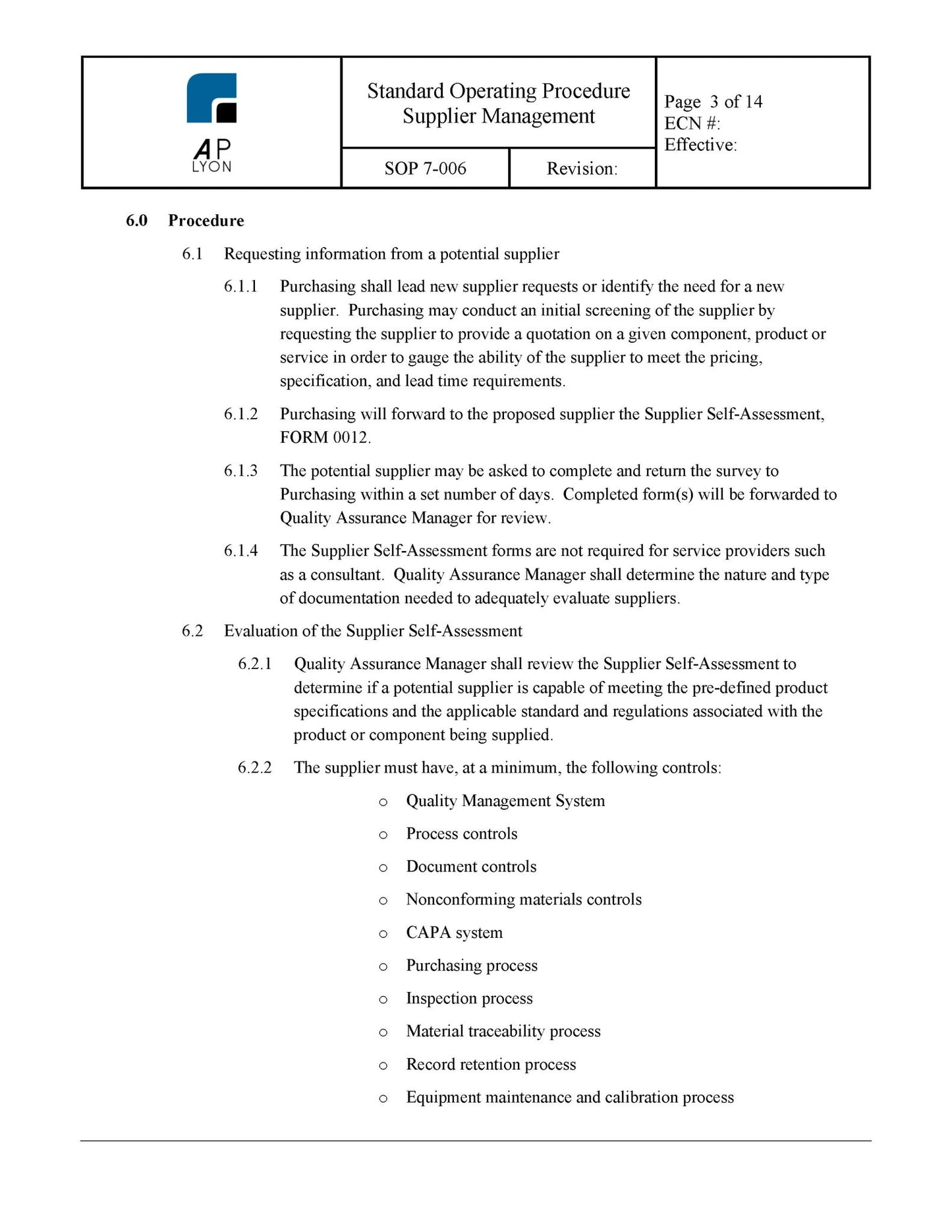 Medical Device Supplier Management Procedure - A. P. LYON