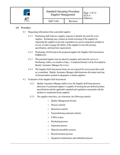 Medical Device Supplier Management Procedure - A. P. LYON