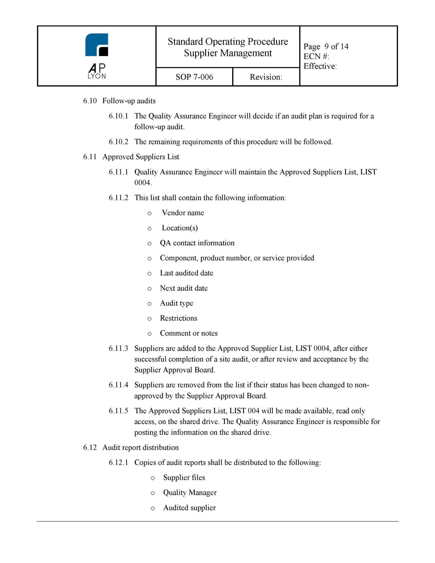 Medical Device Supplier Management Procedure - A. P. LYON