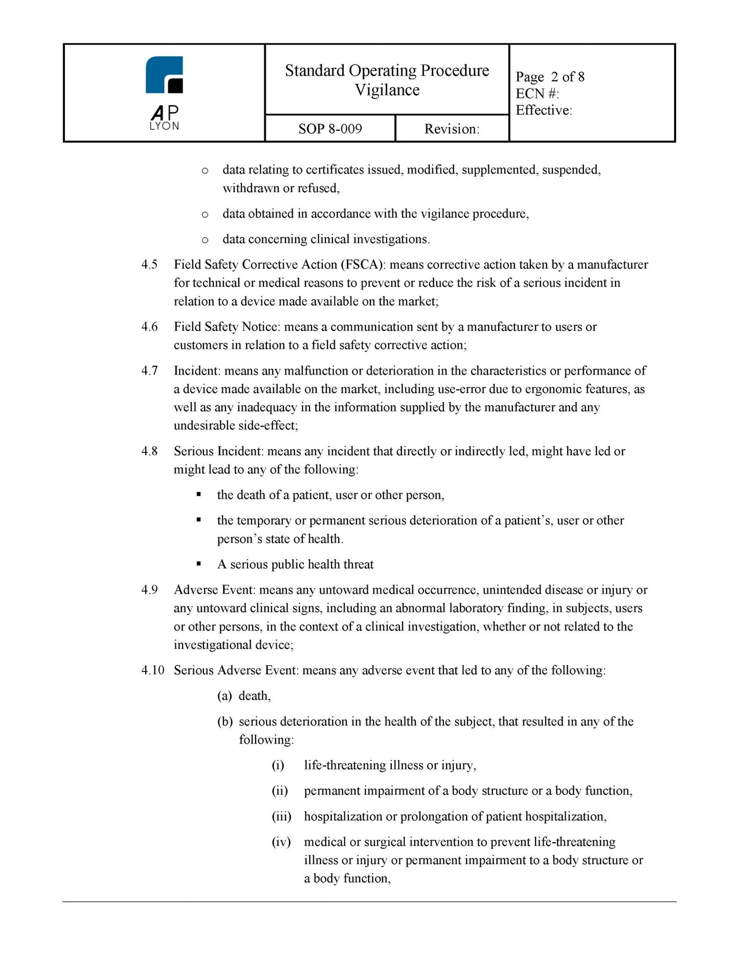 Medical Device Vigilance Procedure - A. P. LYON