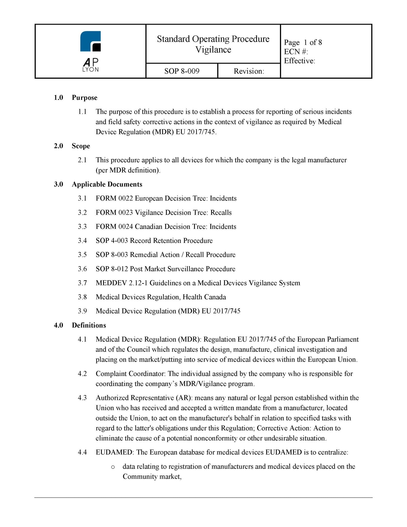 Medical Device Vigilance Procedure – A. P. Lyon