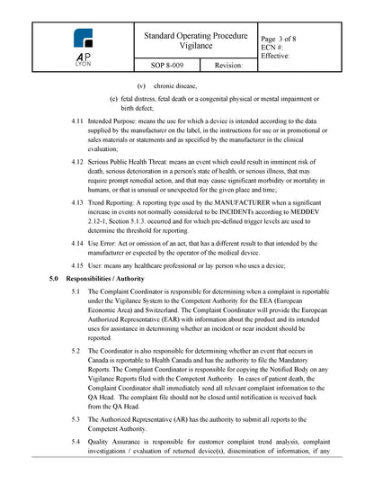 Medical Device Vigilance Procedure - A. P. LYON