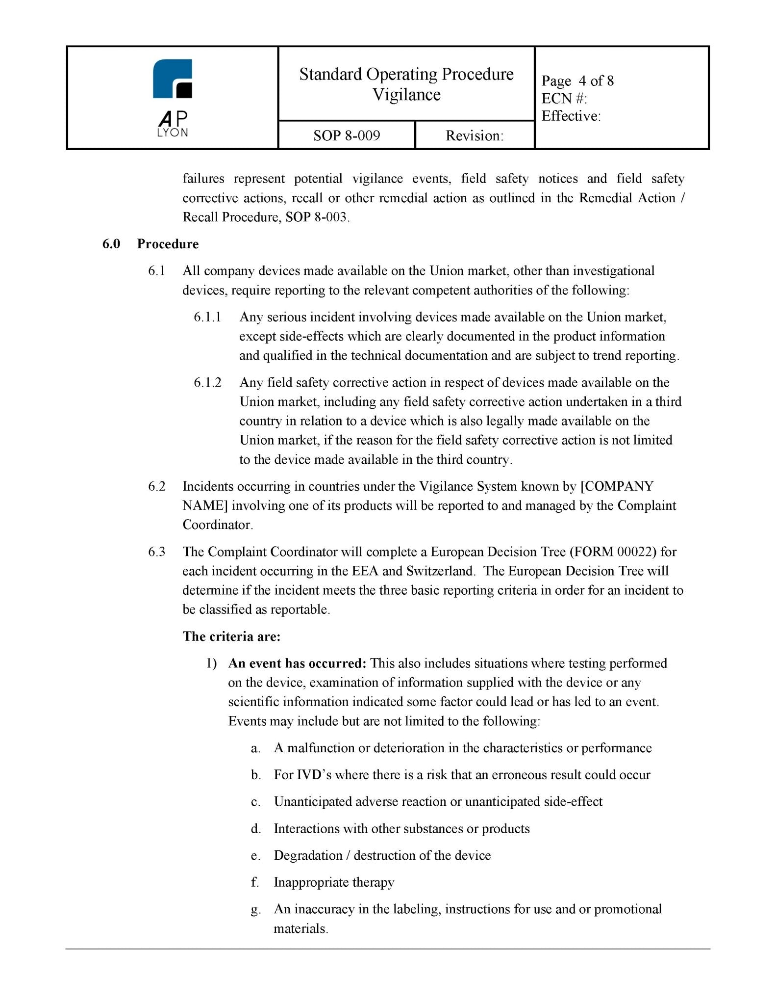 Medical Device Vigilance Procedure - A. P. LYON