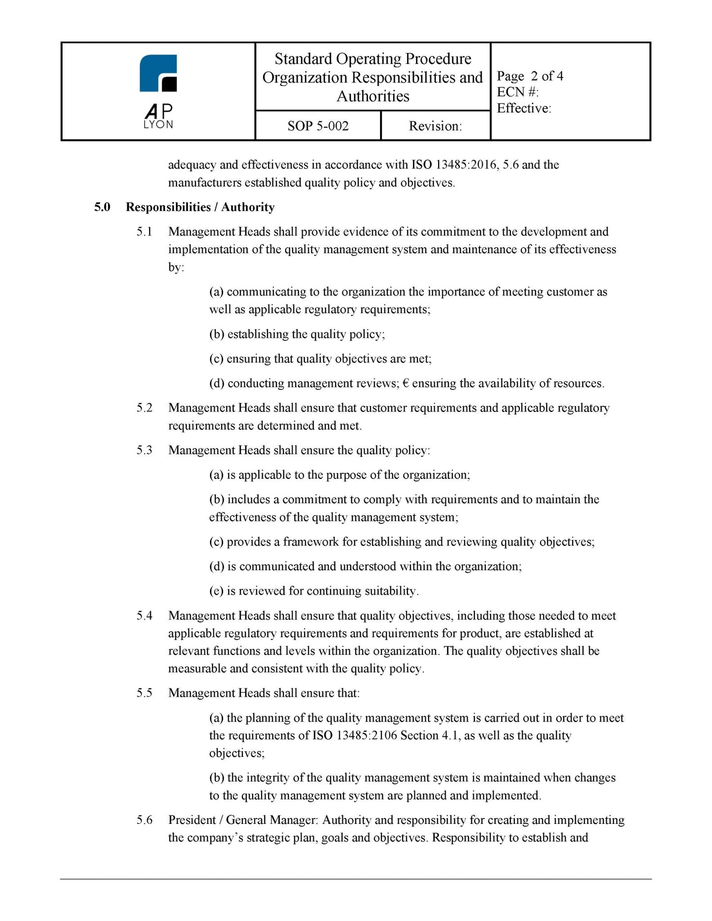 Organization Responsibilities and Authorities Procedure - A. P. LYON