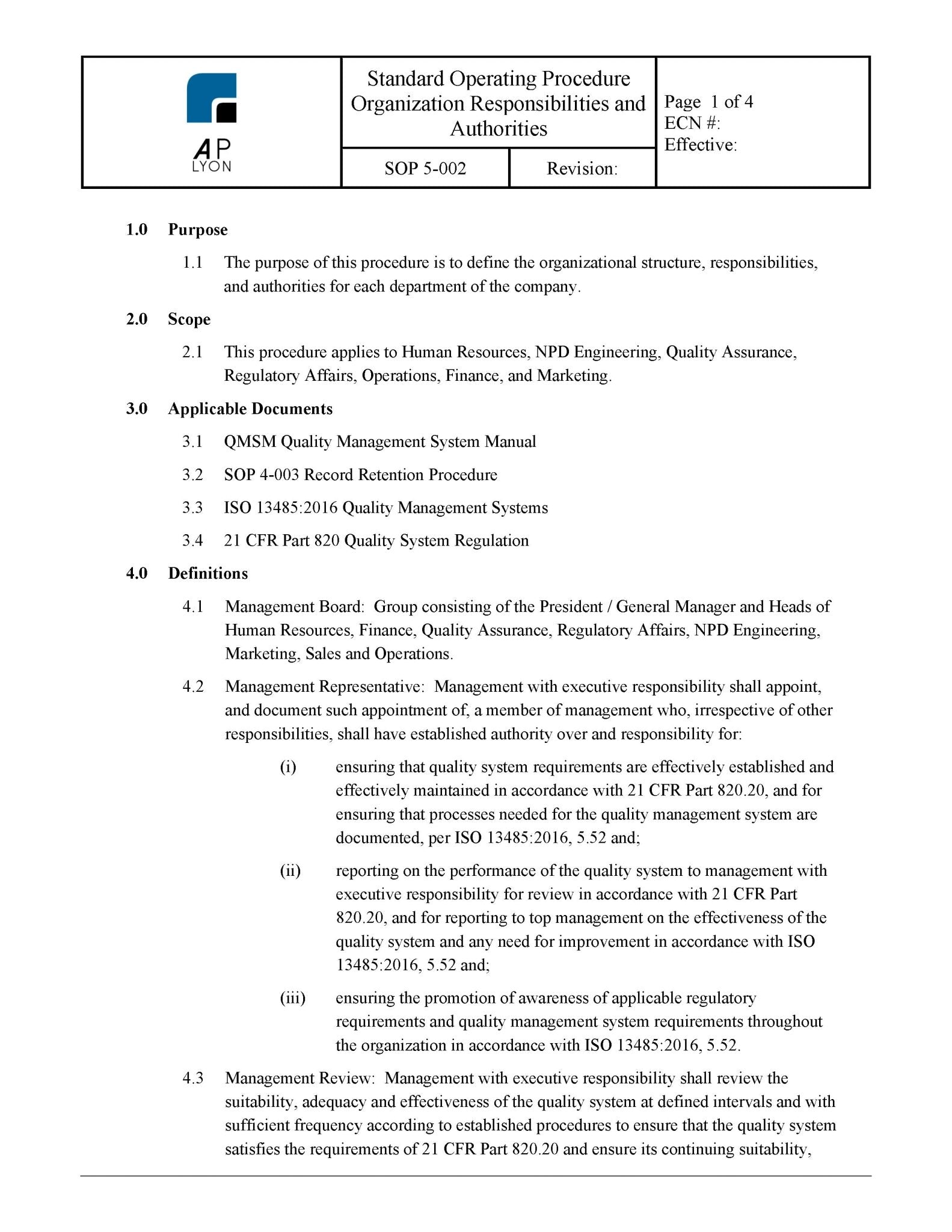 Organization Responsibilities and Authorities Procedure – A. P. LYON