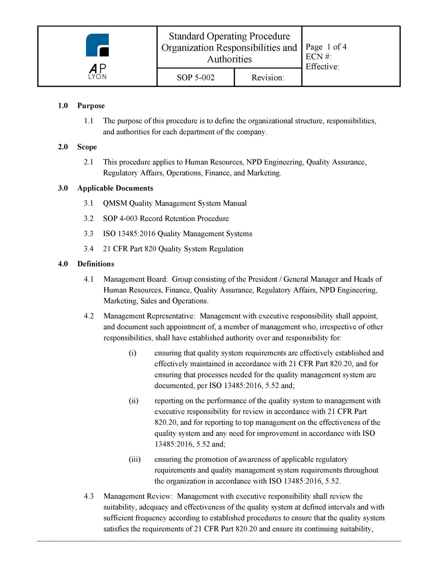 Organization Responsibilities and Authorities Procedure - A. P. LYON